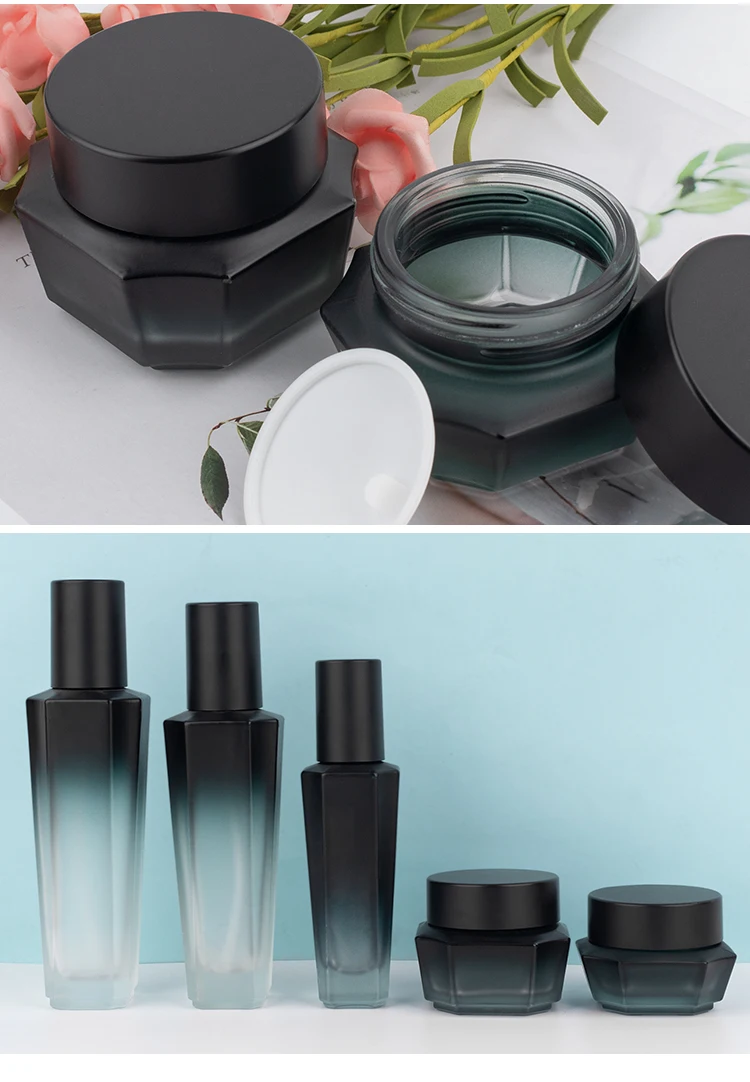 120ml 100ml 40ml Hexagon black empty lotion skincare container cosmetic spray pump packaging glass bottle set details