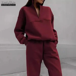 Vintage Hooded Autumn European American Solid Two-Piece Sweat Pants Suit All-Match Fashion Casual Thickened Long