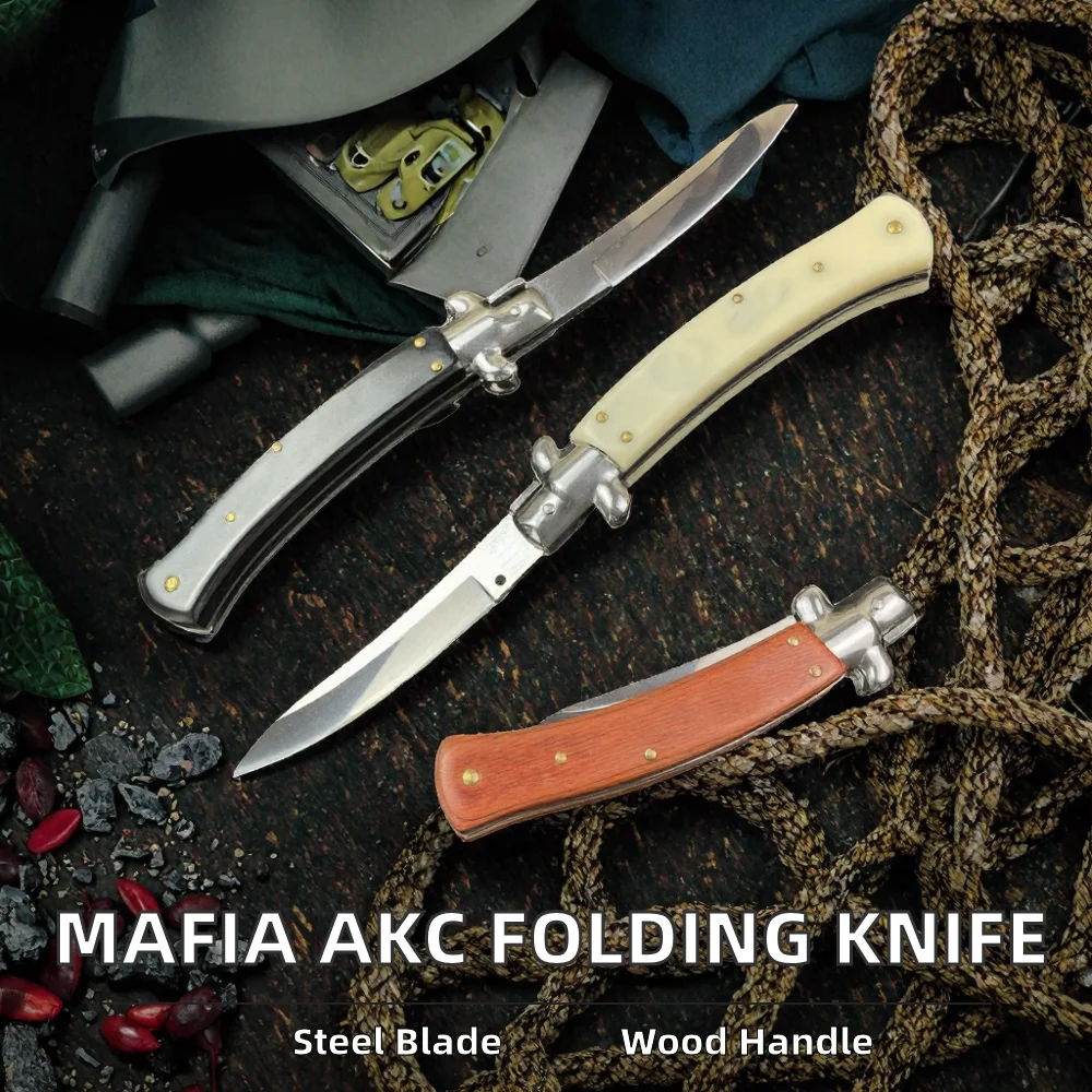 Italian Style Mafia AKC Push Button EDC Pocket Folding Knife Wood Handle Outdoor Utility Tactical Hiking Jungle Camping OEM - detail 2