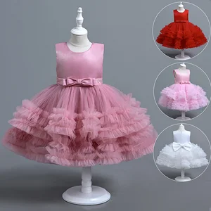 Little Girl Princess Summer Formal Red Satin Sleeveless Bow Fluffy Breathable Knee-Length Children Birthday Party Dress