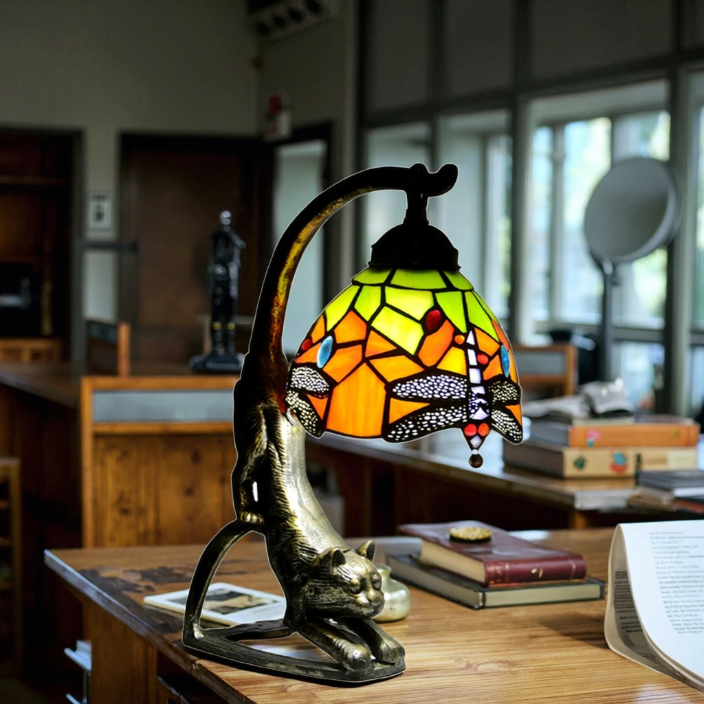 Longhuijing Cat Art Stained Glass Tiffany Dragonfly Lamp