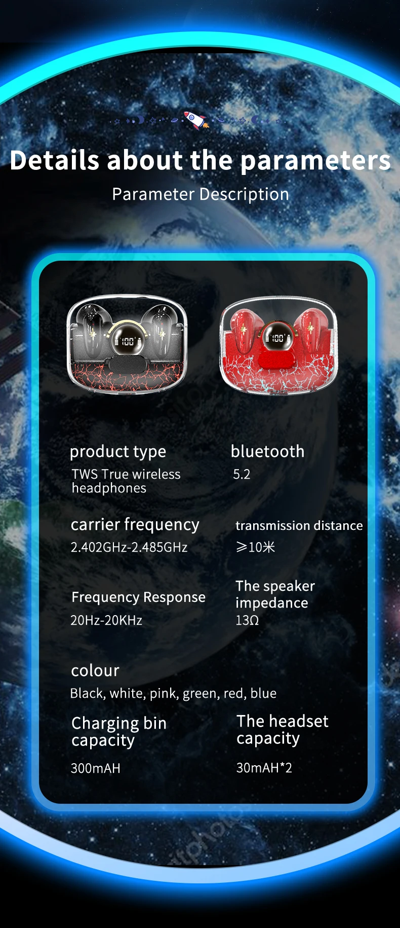 Tws X35 Headphone Bluetooth Wireless Earphones Crackle Light Space