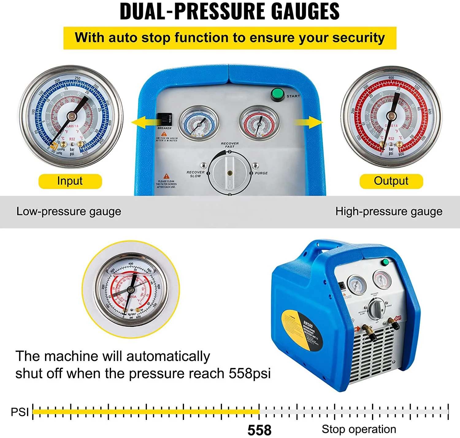 Portable 1HP Refrigerant Recovery Machine for Auto air Conditioning Maintenance R32 R410A 1234YF Refrigerants