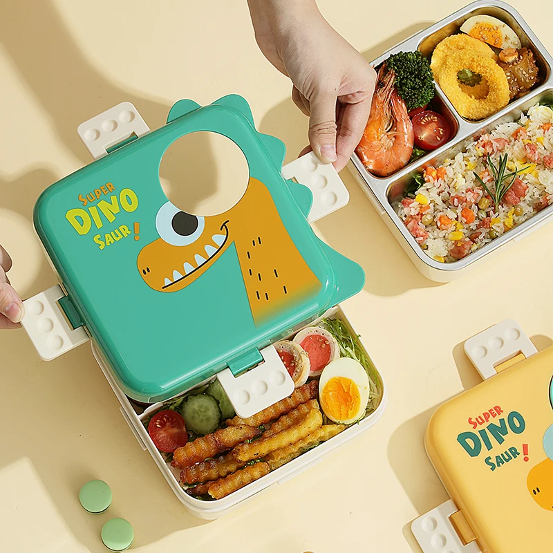 Cartoon 3 Compartment Kid Bento Box 304 Stainless Steel Lunch Box 1120ml+70ml Bento Kids Lunch Box  3 Grids with Sauce Bowl