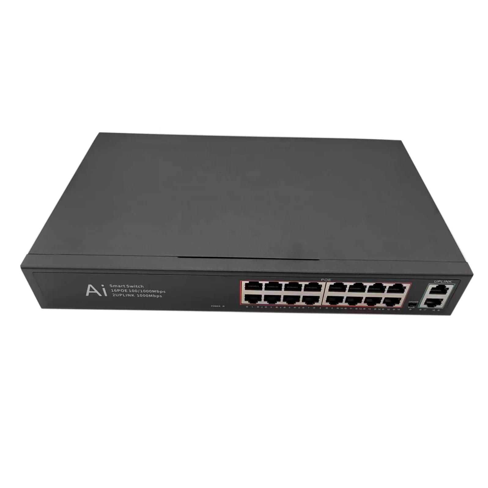 工厂价格16端口PoE交换机非托管预算250W支持VLAN默认扩展2千兆上行端口