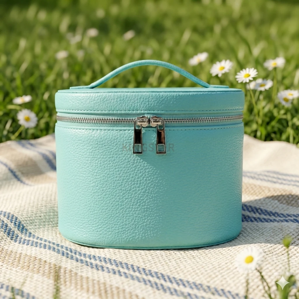 Premium Mint Green Litchi Grain PU Leather Makeup Bag Portable Cylindrical Cosmetic Organizer with Top Handle, Double Zipper