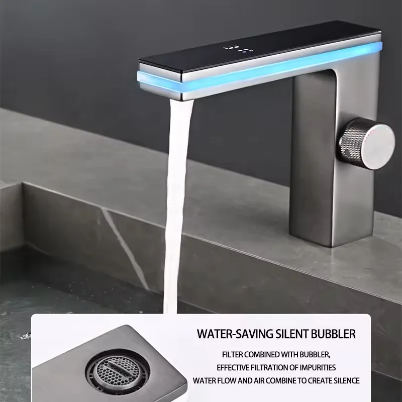 LED Intelligent Digital Temperature Display Hydroelectric Power Smart Surround Atmosphere Brass Aluminum Bathroom Basin Faucet