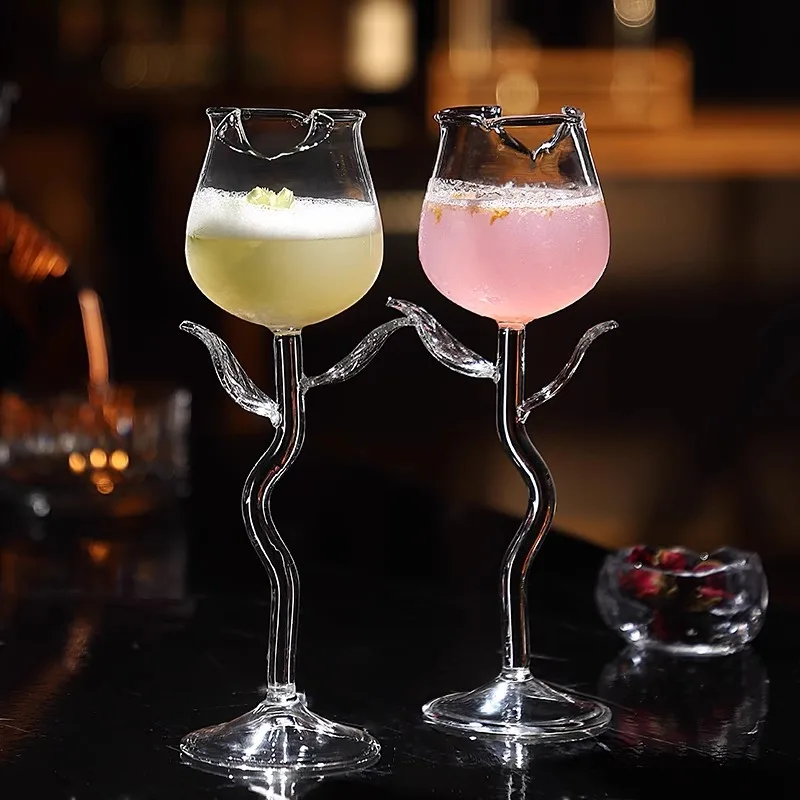 Rose-Shaped Glass Creative Unique Design Hand Blown High Borosilicate Wine Whiskey Glass Tall Rose Shaped Glass Cup
