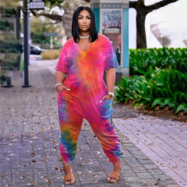 OSINA High Quality Casual Short Sleeve Tie Dye Pockets Leisure Wear Women One Piece Rumper Jump Suits Jumpsuits For Women