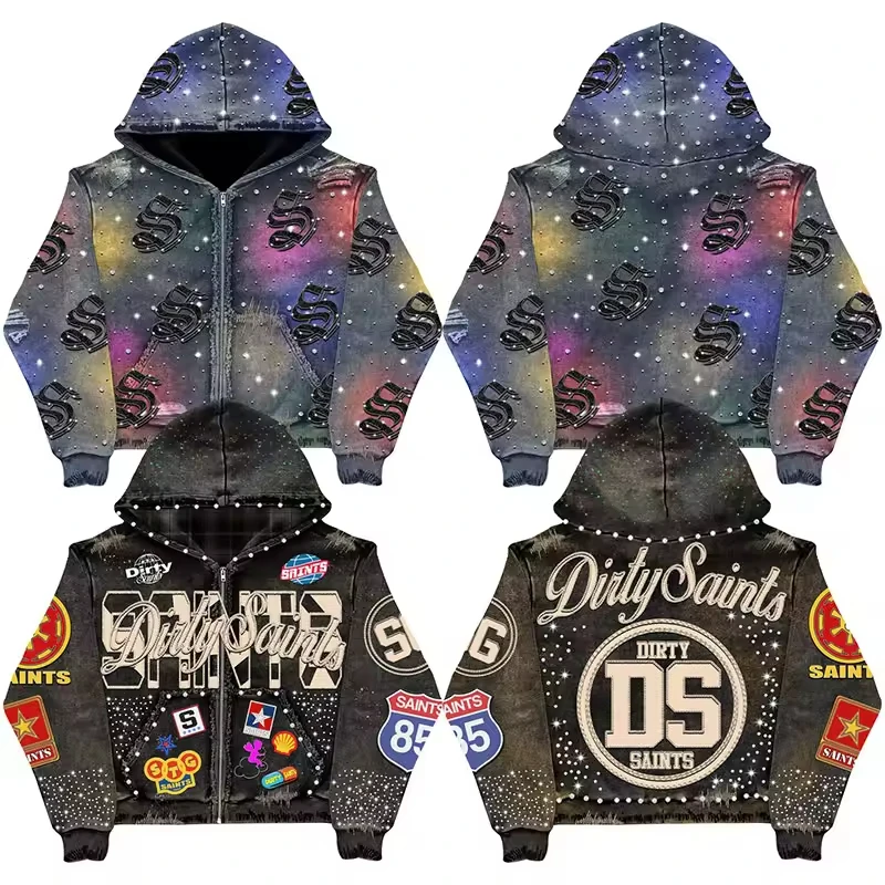 Custom Vintage Washed Sun Faded Hoodie for Men Factory OEM Oversized Heavyweight 100% Cotton Zipper Jacket Rhinestone Hoodies gallery 4