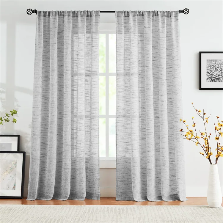 Grey Semi Sheer Curtains Linen Textured Window Panels Light Filtering Rustic Drapes Grommet Top Curtain for Living Room Bedroom
