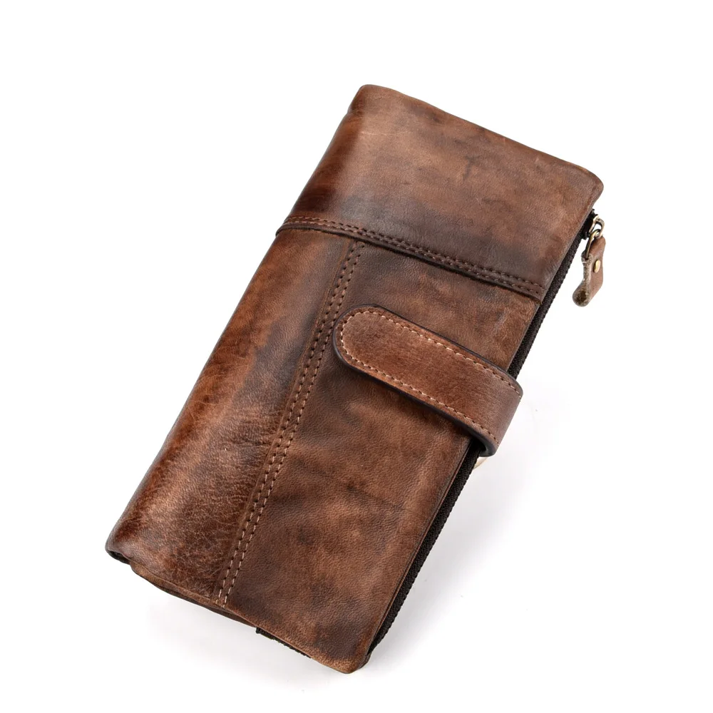 Retro brushed cowhide fashion stitching long leather wallet with casual multi card leather for men's RIFD wallet