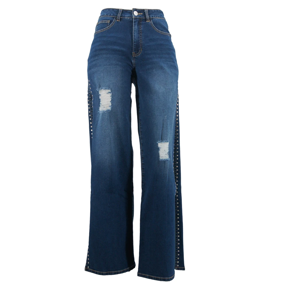 Women's Wide Leg Jeans with Studded Side & Distressed Design High Waist Casual Denim Pants