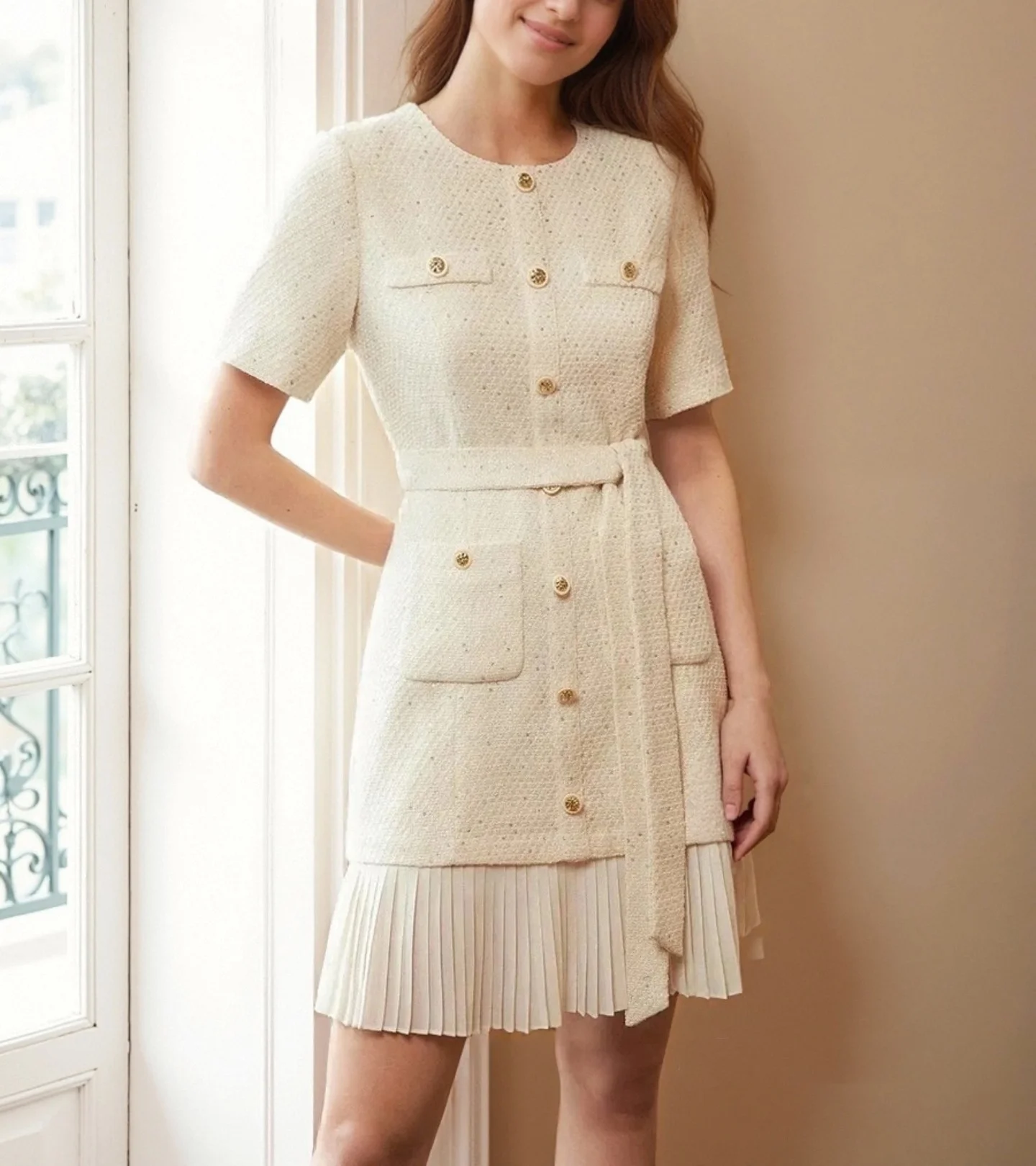 Wholesale Women O Neck Hort Leeve Tweed Dress Tweed Gold Button Detail Mini Dress Women Mini Dress,2 Pieces