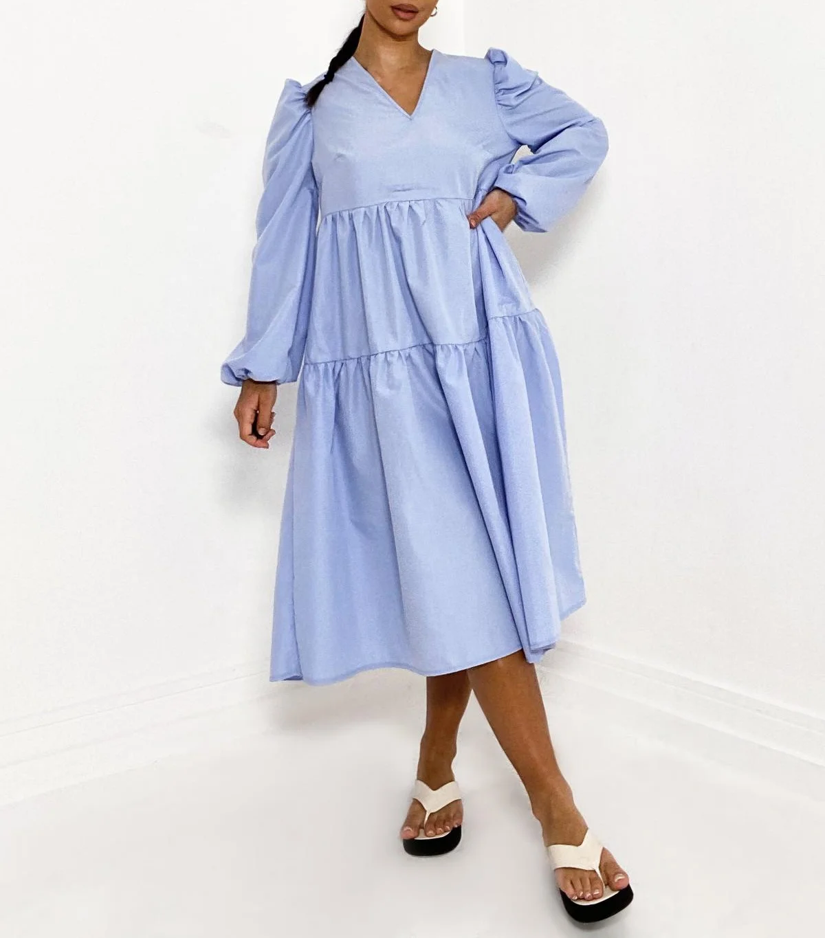 black floral midi dress for women Unique Vintage Plus Size Black & Blue Floral Puff Sleeve Midi Dress