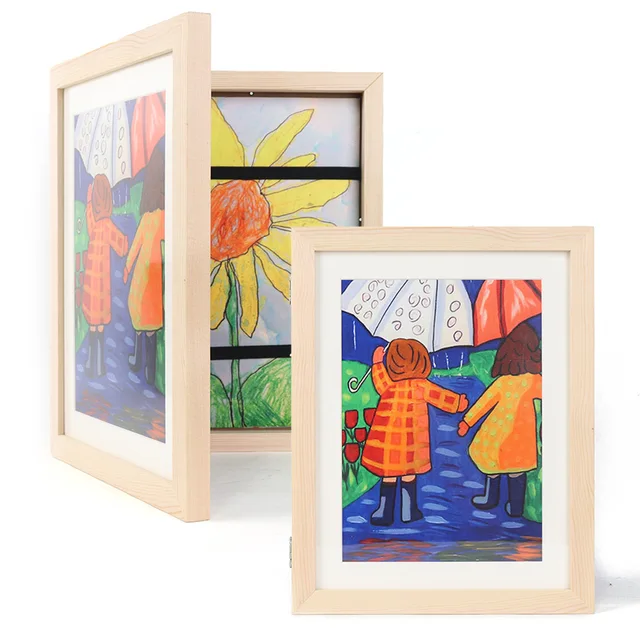 Front Opening wood kids artwork frames changeable Kids Art Display Wood Picture Frame