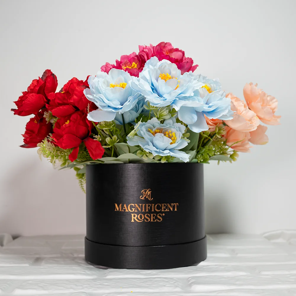 High-End European Style Round Loral Arrangement Flower Bucket in Leather Embossed Hat Candy Bags Luxury Roses Holder Gift Box