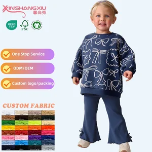 2026 Autumn Girls Bow Print Round Neck Top and Trumpet Pants Two-Piece Set Children Fashion Outfits