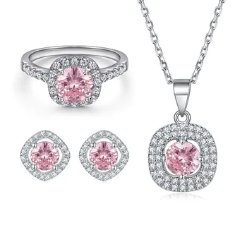 Vana Sterling Silver 925 Jewellery Custom Pink Colored Gemstone Sparkling CZ Cubic Zircon Pendant S925 Necklace Jewelry Set