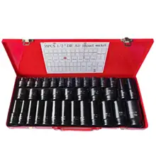 Hot Sale 35 Pieces Iron box 1/2 Inch Drive Cr-V Heavy Duty Black Phosphate Pneumatic Square Hex Impact Socket Deep Socket Set