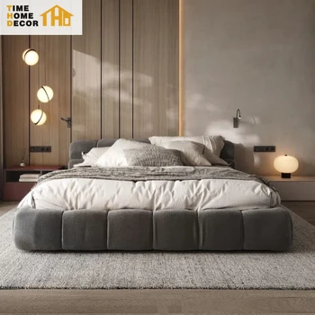 Italian Designer Modern Luxury Low Profile Bed White European Full Upholstered Tufty Cloud Bed Hotel Queen King Size Bed Frame