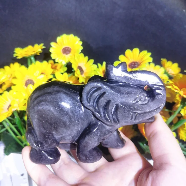 銀色の黒曜石の象の装飾品風水装飾のためのクリスタル彫刻工芸品