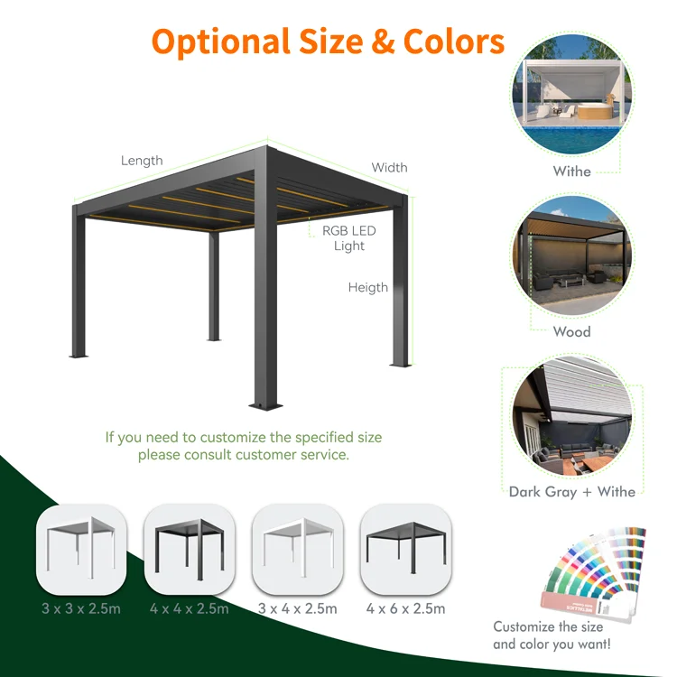 OEM Factory Motorized Waterproof Aluminum Louver Pergola with Customizable Sizes for Garden Outdoor Use