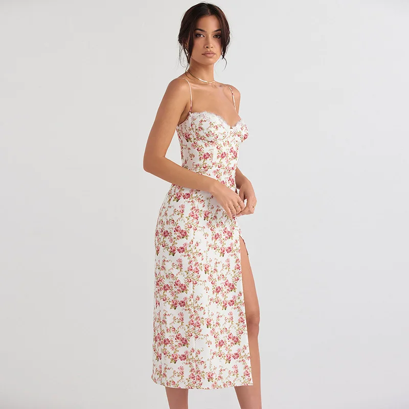 Custom Floral Dress For Women Split Halter V-neck Sexy Dress - Buy ...