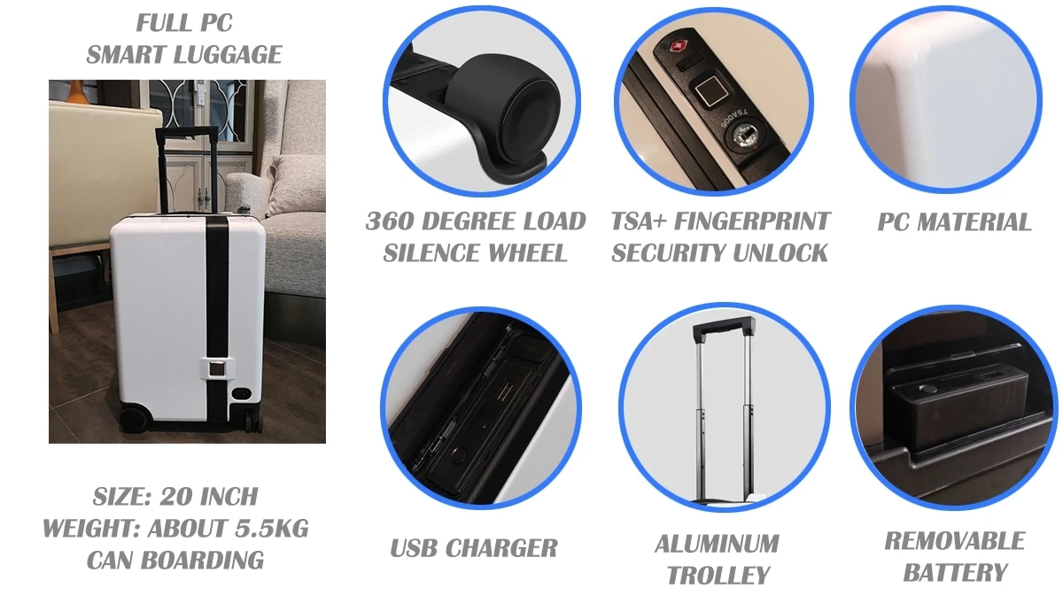 2021 New Follow Ride on Anti Loss Alarm USB Charger PC Robot Smart Luggage