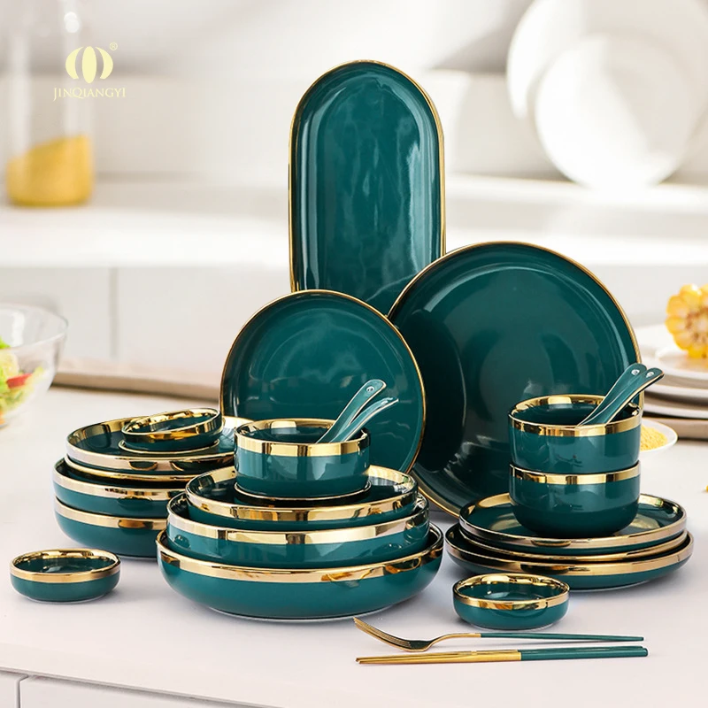 Luxury Green Food Plate Set Salad Soup Bowl Plate Set Ceramic Dinner Plates  Dinnerware Set Dishes for Restaurant Hotel