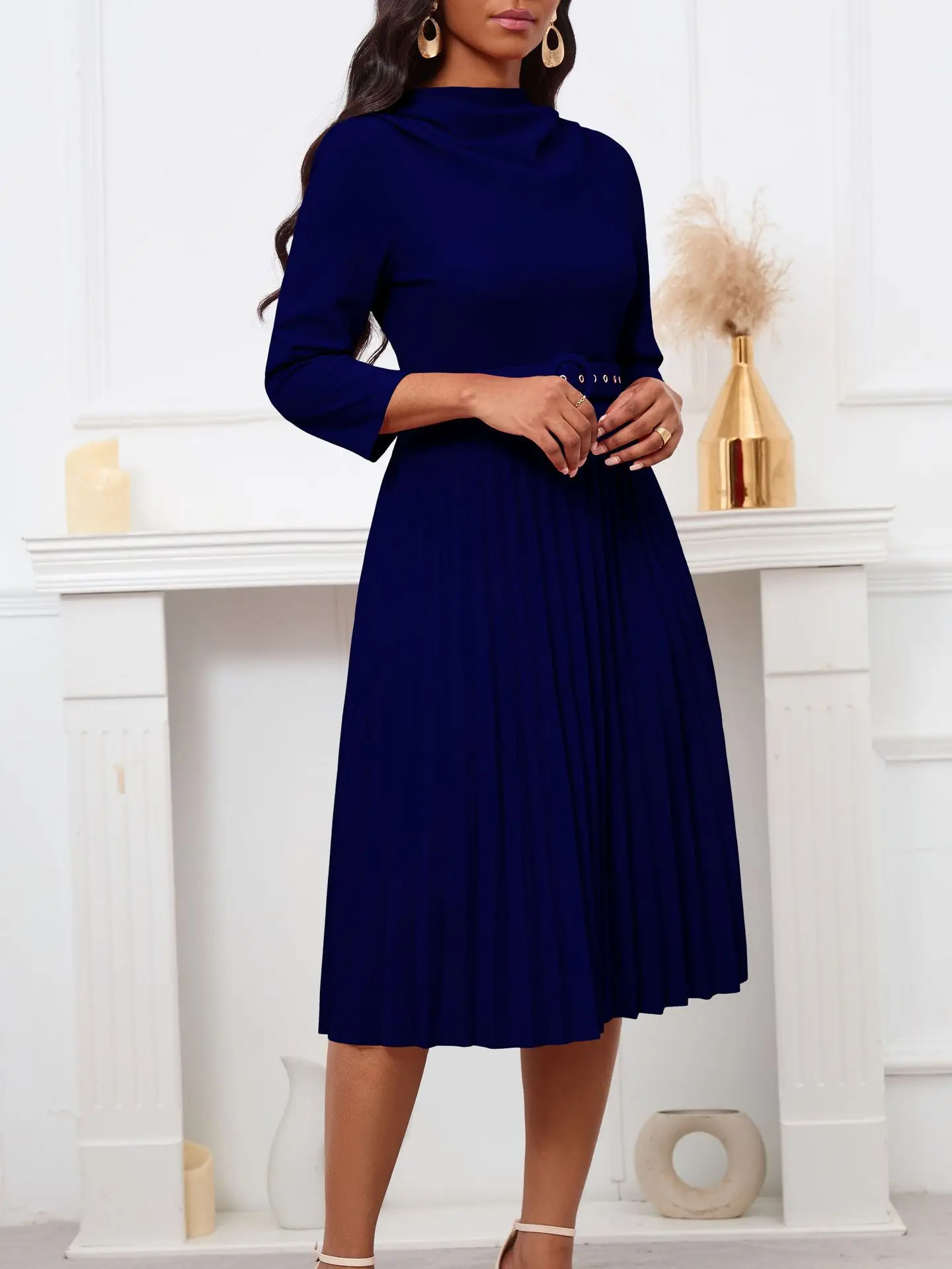 Latest Design Techno Crepe Elegant Plus Size Solid Color Long Sleeve Women Casual Pleated Dresses With Belt