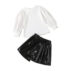 2021 Kids Baby Fashion Outfit Puff Sleeve Knitted Sweatshirt Tops Leather Skirt Children Clothing Girls Clothes Set