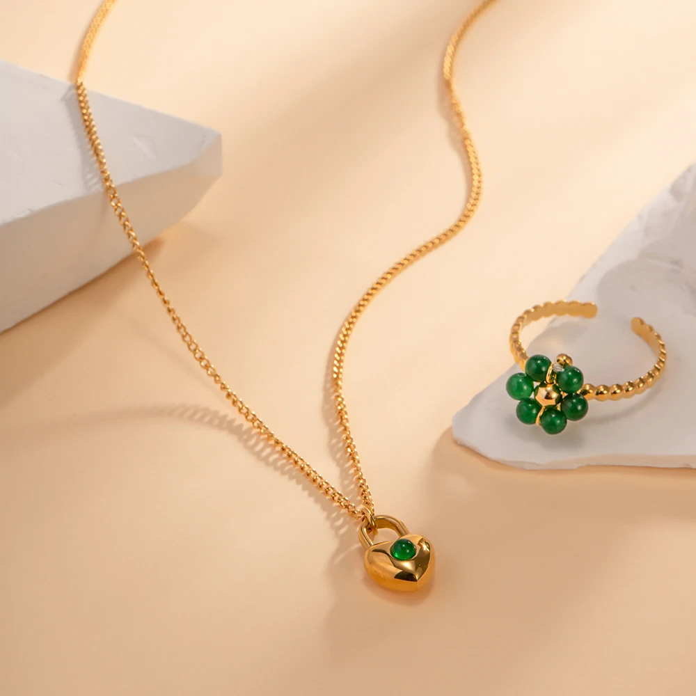 Lovely Heart Necklace Stainless Steel Paved Green Agate Stone Lock