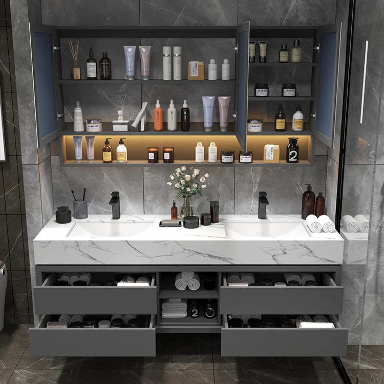 European Style Modern Floating Bath Top Double Sink Bathroom Sets Vanity Cabinet with Sink