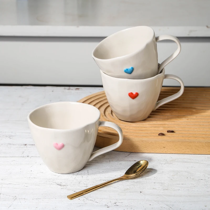 Creative 250ml Handmade Heart Embossed Pottery Milk Cereal Cups Japanese Stoneware Coffee Mug with Handle