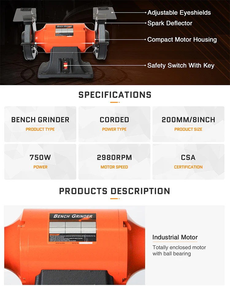 8 Inch Industrial Benchtop Grinder - Heavy Duty & Versatile