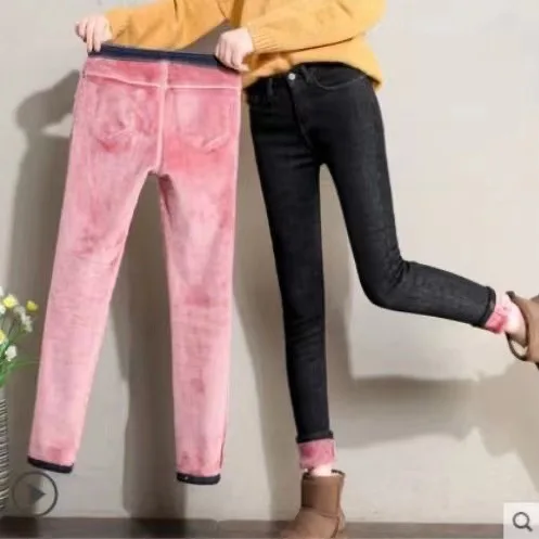 Autumn Winter High Waist Denim Pencil Pants Women Fleece Lined Thickened Stretchy Skinny Fit Quick Dry Outer Wear Warm