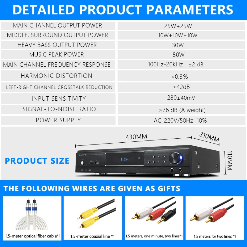 5.1 Home Theater System Amplifier, 6-channel Hi-Fi BT AV Karaoke Subwoofer Audio Power Amplifier