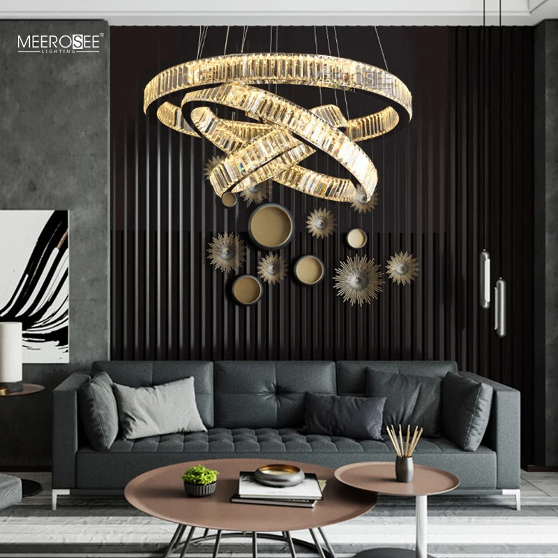 MEEROSEE Crystal Ring Light LED Crystal Circle Pendant Light Stainless steel Round Hanging Light MD86859