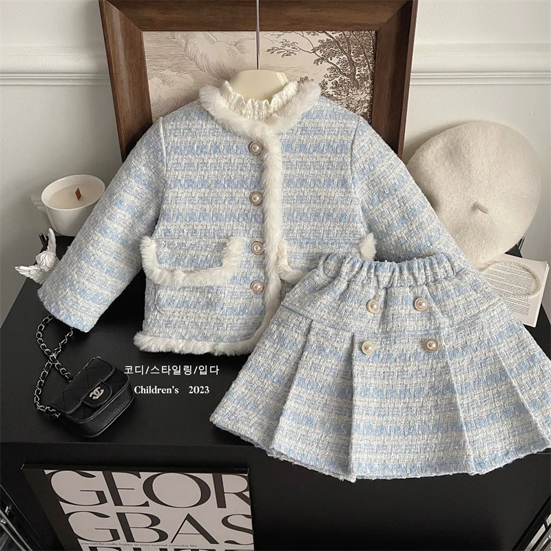 Winter Baby Girls Clothing Set Fashionable Coat Thick Tweed Skirt