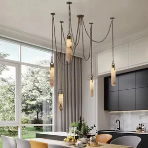 Modern Spanish Natural Snowflake Marble Chandelier for Living Room Designer Villa Bar Rectangle Multi-Head Hanging Chain New