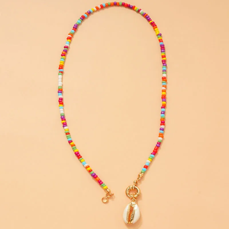 Zinc Alloy Shell Charm Bohemian Colorful Seed Bead Choker Necklace for Women Jewelry