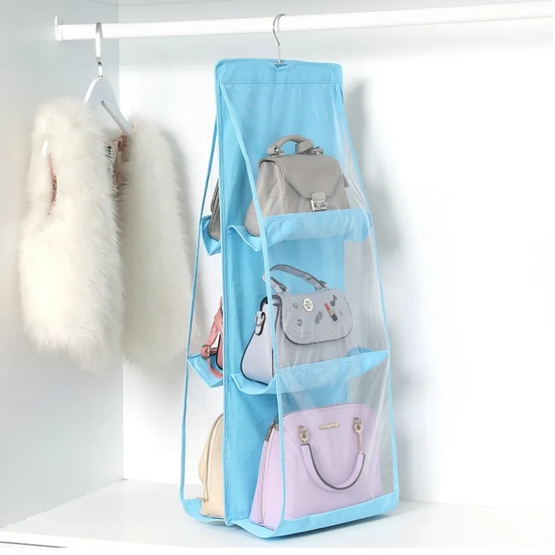 6 Pocket Hanging Handbag Organizer for Wardrobe Closet Transparent