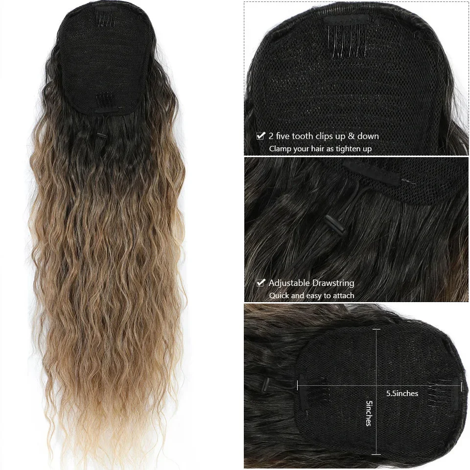 Water Wave Drawstring Ponytail Hair Extensions 170g 26in Curly Pony tail Natural Black Color 100 Brazilian Remy Human Hair 1B_voghion.com