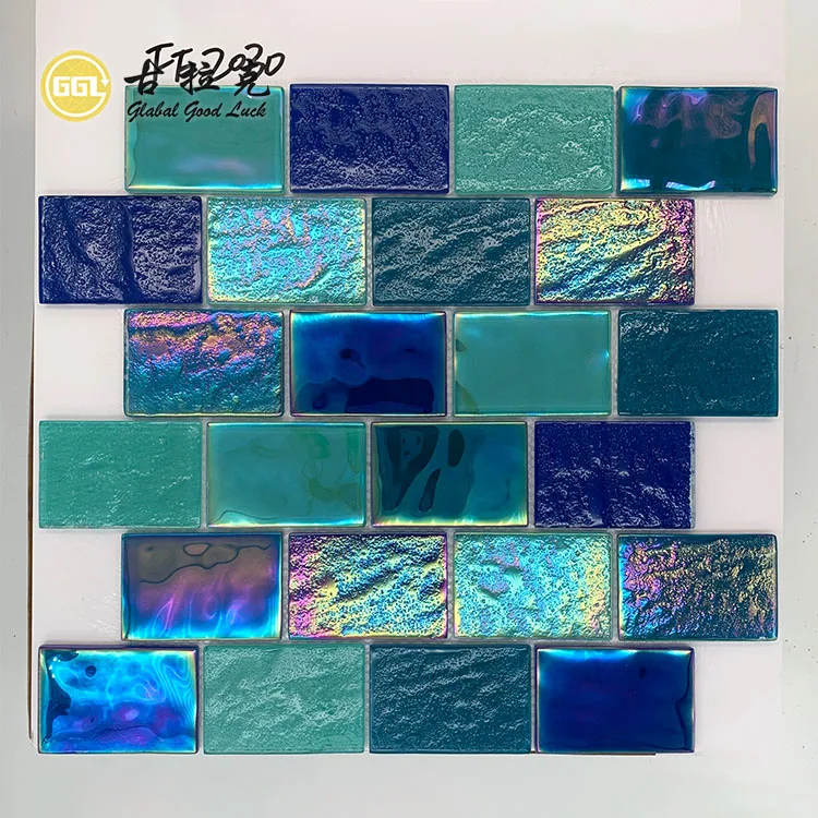 Rainbow Customize Square Blue brick Tile Pool Iridescent Tile Swimming Pool Glass Mosaic details