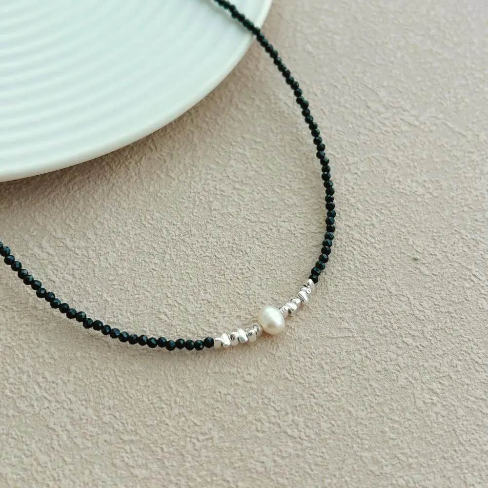 KAKODIY Luxury 925 Sterling Silver Natural Black Crystal Beaded Chain Women's Pearl Necklace detail 4