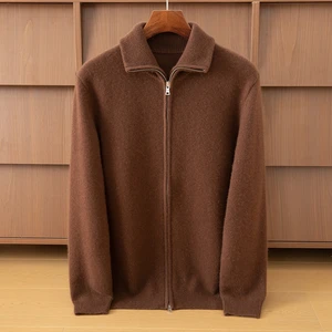 Men's Half High Neck Full Zipper Wool Cashmere Knit Cardigan Young and Middle-aged Autumn Winter New Front Logo Anti-Wrinkle