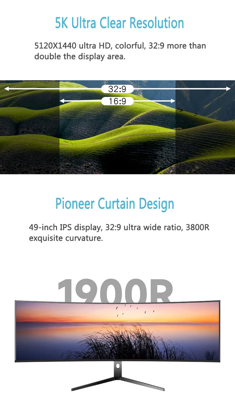 49 Inch Curved Screen Monitor 5K 32:9 144Hz Gaming Display with LED ...
