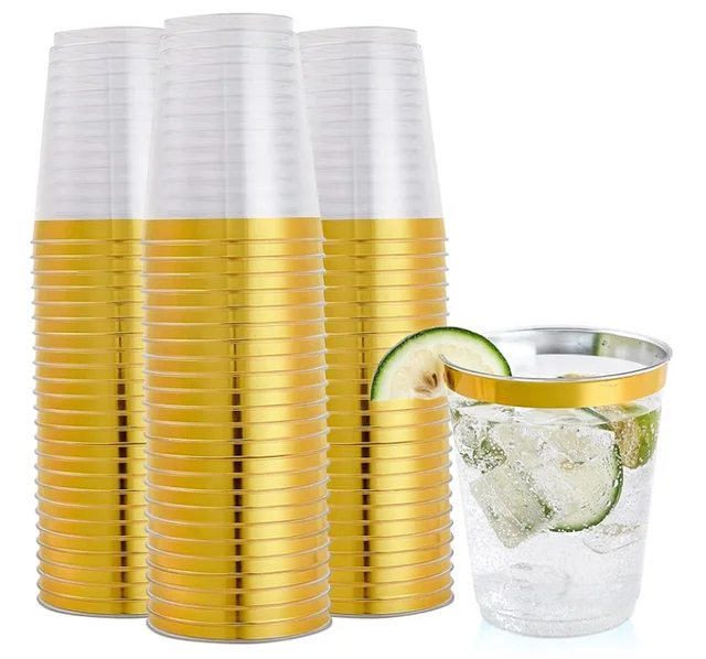 Transparent Gold Rimmed Disposable Wine Cold Beverage Tumblers Cups Wedding Elegant Party Reusable Plastic Cup