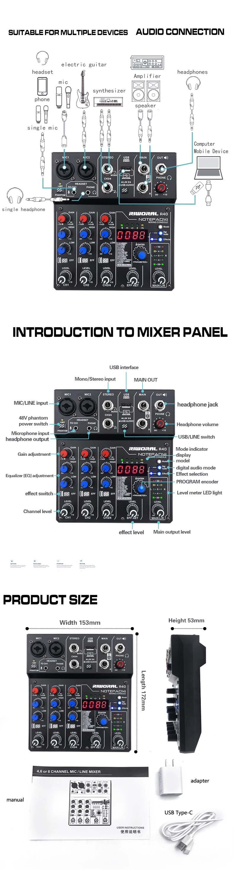 R40 Hot Selling 4channel 24bit Mini Audio Digital Sound Mixer Console